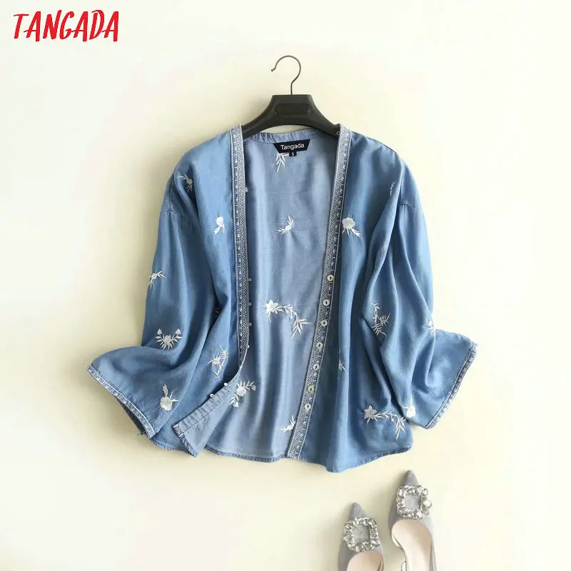 Tangada, Женская Цветочная вышивка, кимоно из денима, блузка, осень, винтажные рубашки с длинным рукавом, женские шикарные топы 2P07