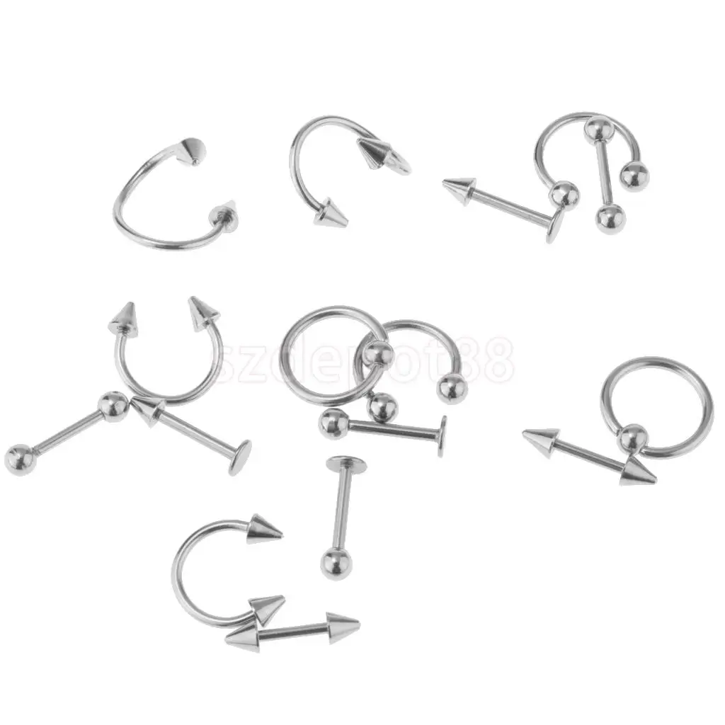 16 Pieces 16g Stainless Steel Assorted Eyebrow Ear Lip Navel Ring Body Piercing Kit