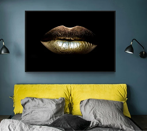 Modern Pictures Black White Sexy Charming Woman Gold Lips Canvas Painting Wall Art For Living Room Home Decor Posters and Prints - Цвет: 766-1