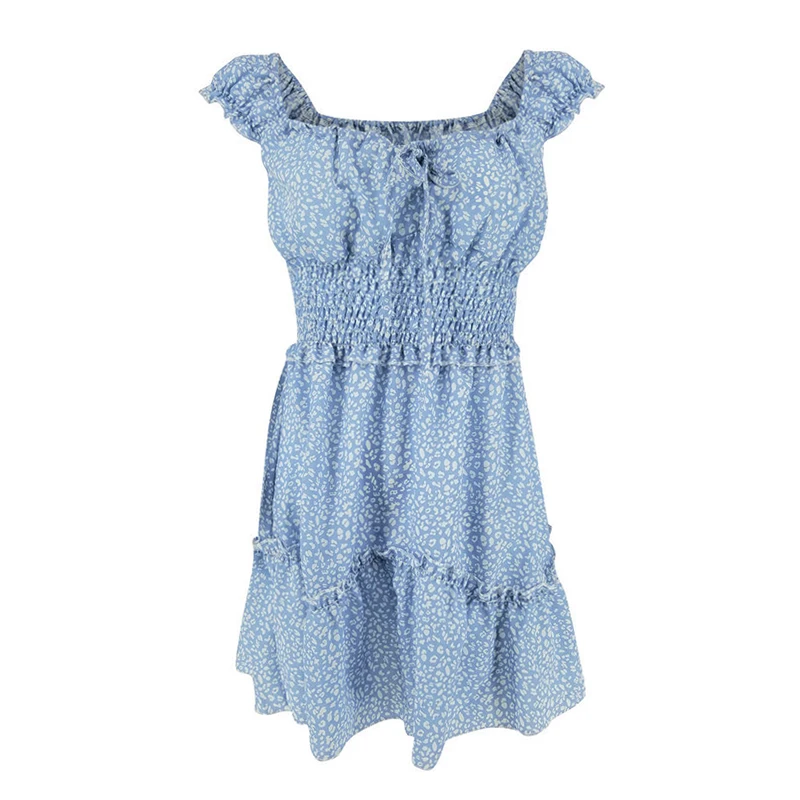 BBYES Holiday Beach Short Sleeve Slim-fit Waist Dress Women Sundress Boho Floral Ruffle Summer Short Mini Dress Plus Size S-XL