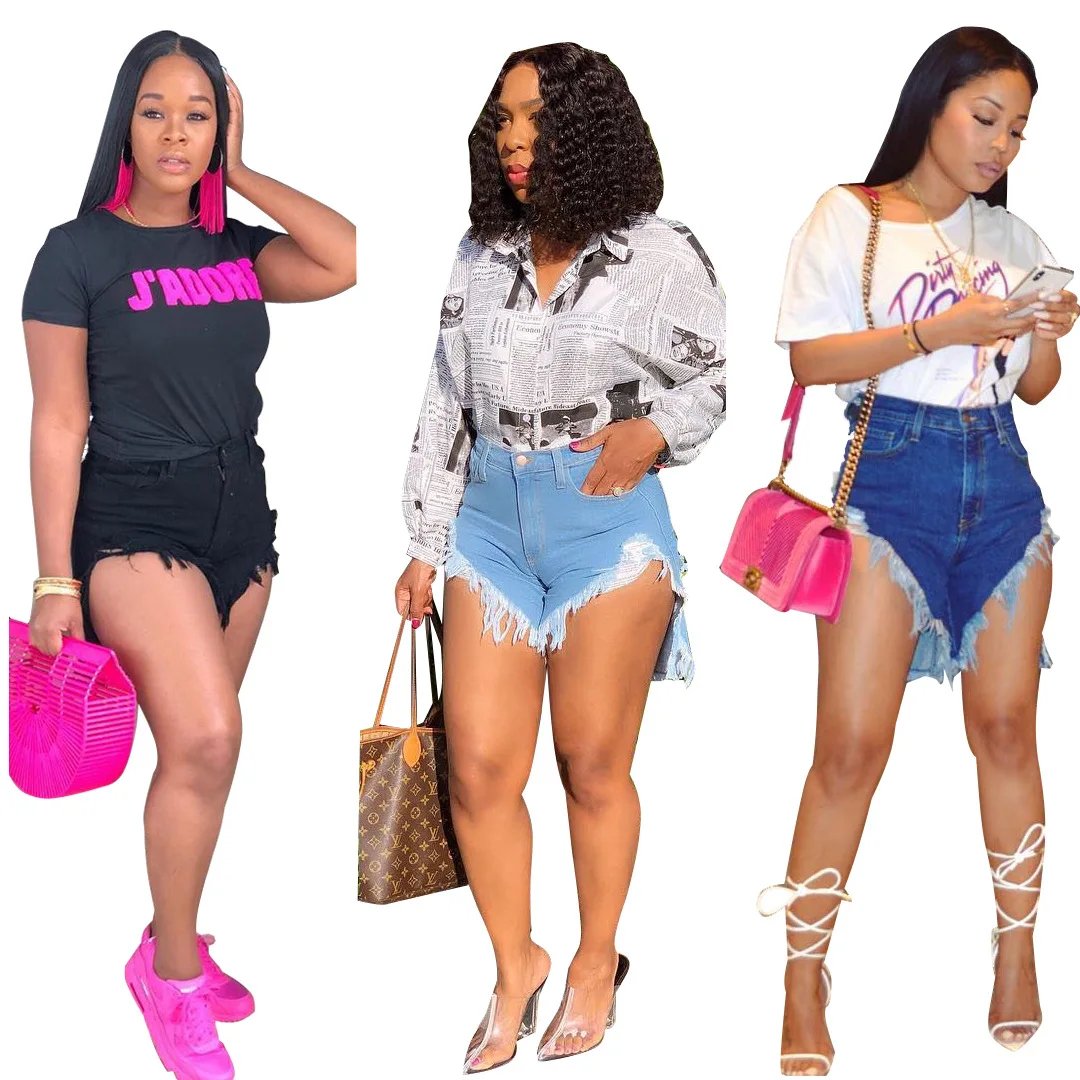 

3 Color High Force Elastic New Personality High Waist Old Worn Broken Fringed Side Retro Wind Denim Shorts Female 5 Size