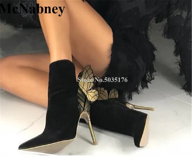 

Fashion Black Butterfly Decoration Ladies Short Boots Zipper Pointed Toe Stiletto Heels Mid-Calf Boots Spring/Autumn Women Shoes