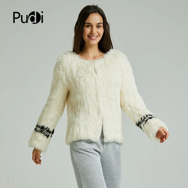 

Pudi CT801 women's real rabbit fur knit warm coat girl's winter jackets sweaters fashion coats plus size black beige