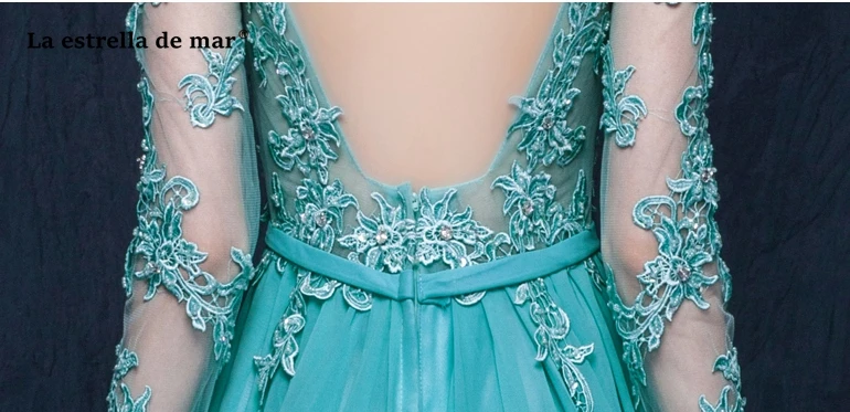 Vestidos dama de honor largos2019 Черпак шеи тюль бисером с длинными рукавами Холтер ТРАПЕЦИЕВИДНОЕ бирюзовое платье подружки невесты качество