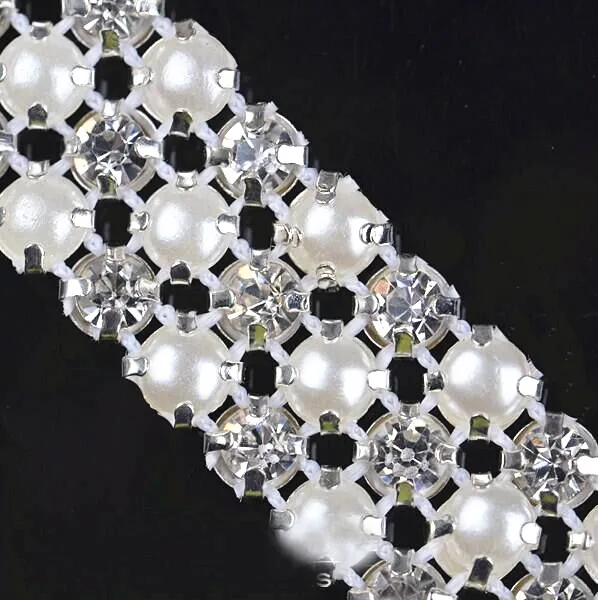 

Silver cup chain AAA shiny Pearl crystal rhinestone mesh trimming sew on mesh trim 3rows 2yards/roll white fabric