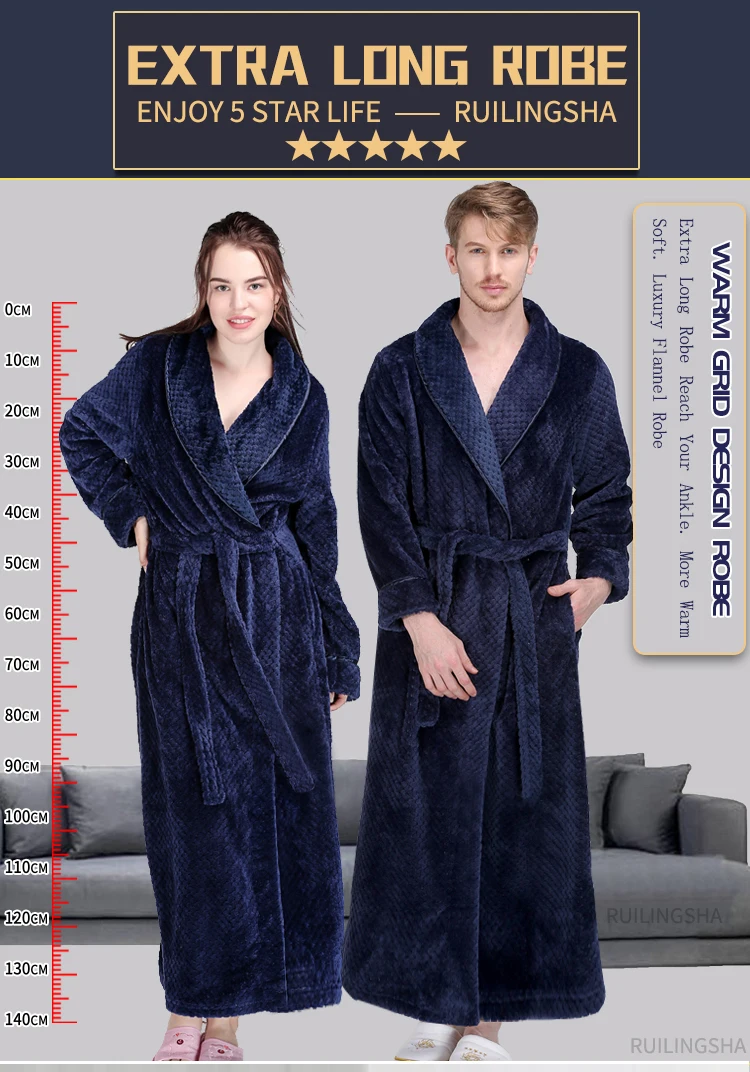 Men Women Winter Extra Long Thicken Grid Flannel Warm Bath Robe Luxury Soft Thermal Bathrobe Mens Dressing Gown Male Sexy Robes