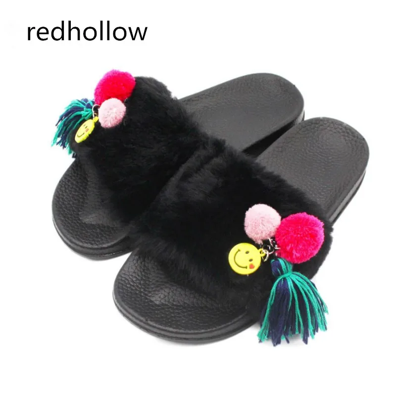 

Slippers Womens Fluffy Faux Fur Flat New Fashion Female Casual Slipper Fringe Winter Flat with Zapatos Mujer Slip on Sliders