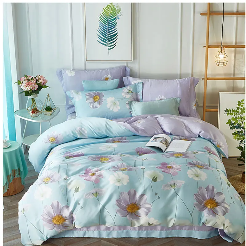 

New Super Soft 100% Tencel Silk Bedding set King Queen Size 4pcs Summer Spring Bed Set Print Duvet Cover Bed Linen Pillow shams
