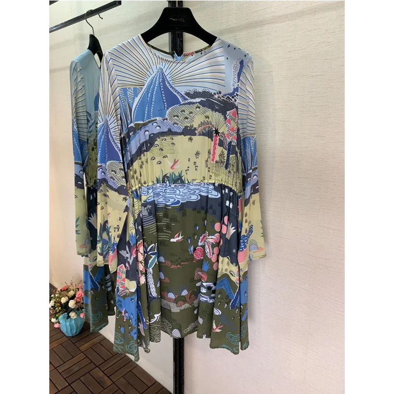 

Vale fashion print long-sleeved woman dress 100 % silk woman dress