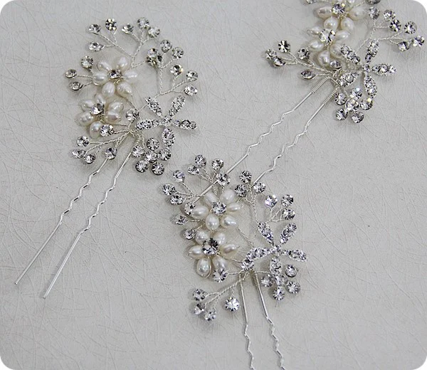 Silver Color Wedding Hair Pins Clips Floral Pearls Bridal Hair Piece