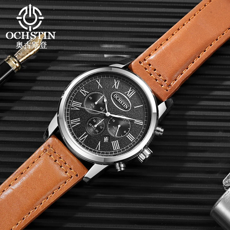 

OCHSTIN Luxury Brand Men Watches Fashion Waterproof Quartz Chronograph Wrist Watch Male Leather Strap Sport Watch Montre Homme