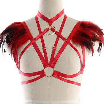 

Shoulder Wing Feather Epaulette Chest Strap Cage Harness Bondage Costume Lingerie Belts Top Halter Bra