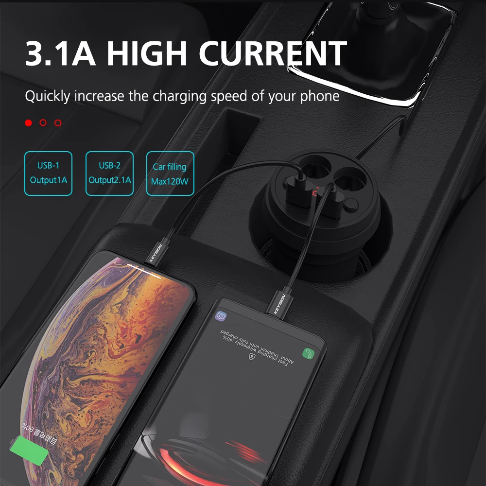 KEYSION 3.1A/120W Dual USB Car Charger Cup Charging LED Digital Display Phone Charge With 2 Cigarette Lighter Socket For GPS DVR