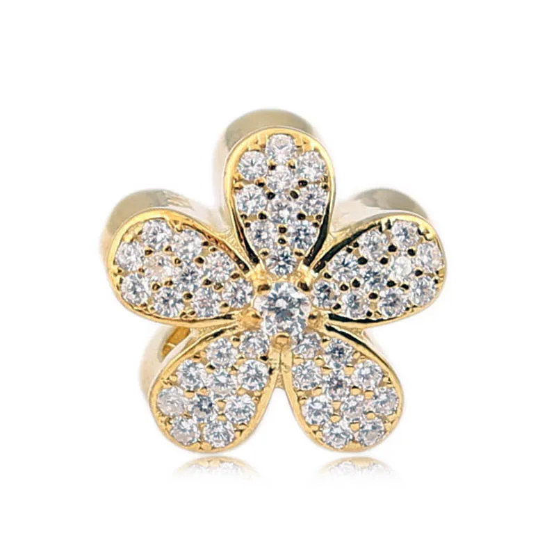 

New 925 Sterling Silver Bead Charm Gold Color Shine Dazzling Daisy With Crystal Beads Fit Pandora Bracelet Bangle DIY Jewelry