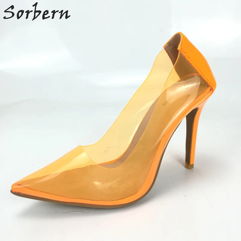 

Sorbern Orange Pvc Transparent Women Pumps High Heel Shoes Ladies Evening Party Stilettos Pointed Toe Slip On Plastic Shoes Lady
