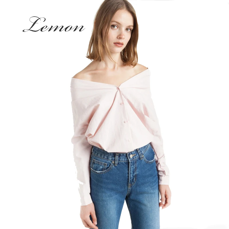 Lemon 2018 Fashion Women Pink Plain Blouses Top Cute Button Down Full Sleeve Blouse Slash Neck 