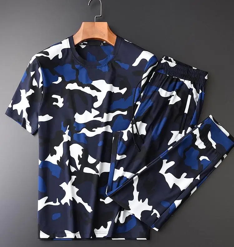 

Minglu Summer Men Sets (T-SHIRTS+PNATS) Plus Size 3XL 4XL Camouflage Printed Short Sleeve Man Sets Elastic Waist Pants Mens Sets