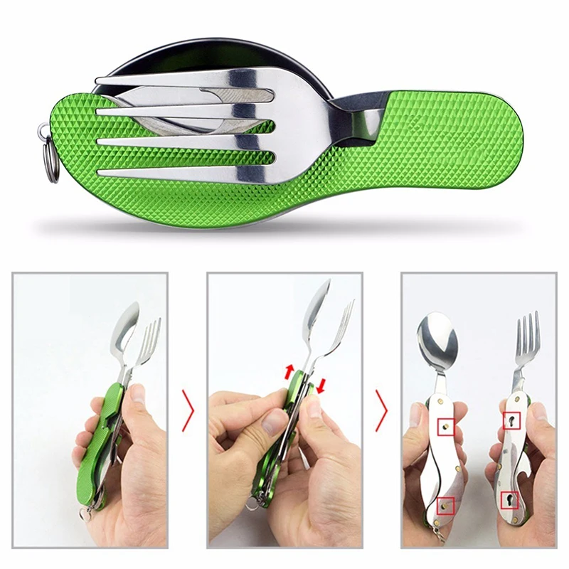 

3 in 1Multi-Function Stainless Steel Outdoor Tablewares Camping Hiking Folding Picnic Portable Cutlery Sets Knife for food Fork
