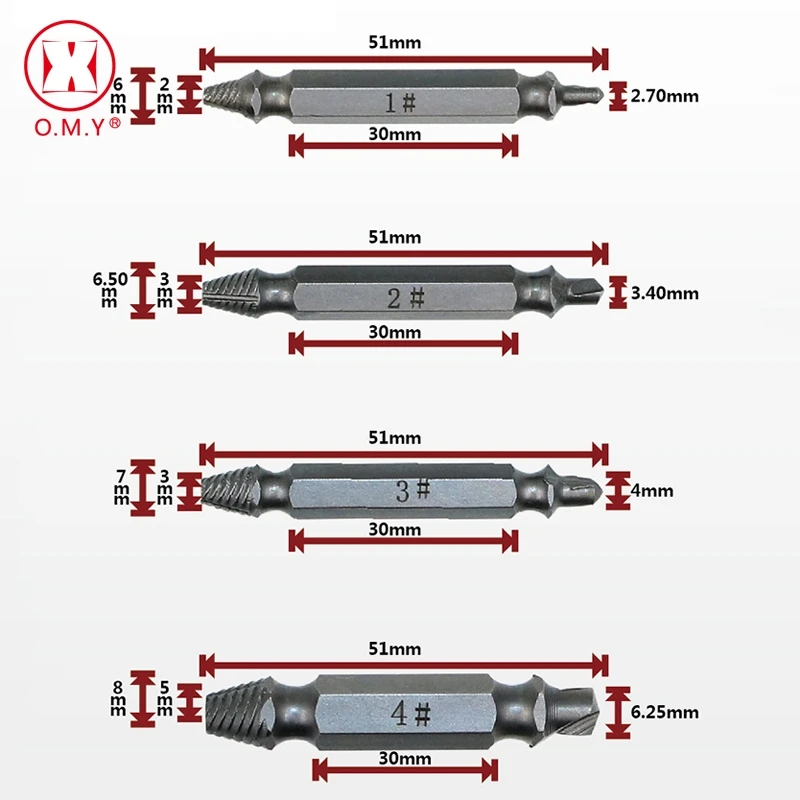 Винты OMY для удаления инструментов для демонтажа сверло для извлечения комплект сломанных поврежденных болтов для удаления двухсторонних поврежденных шурупов