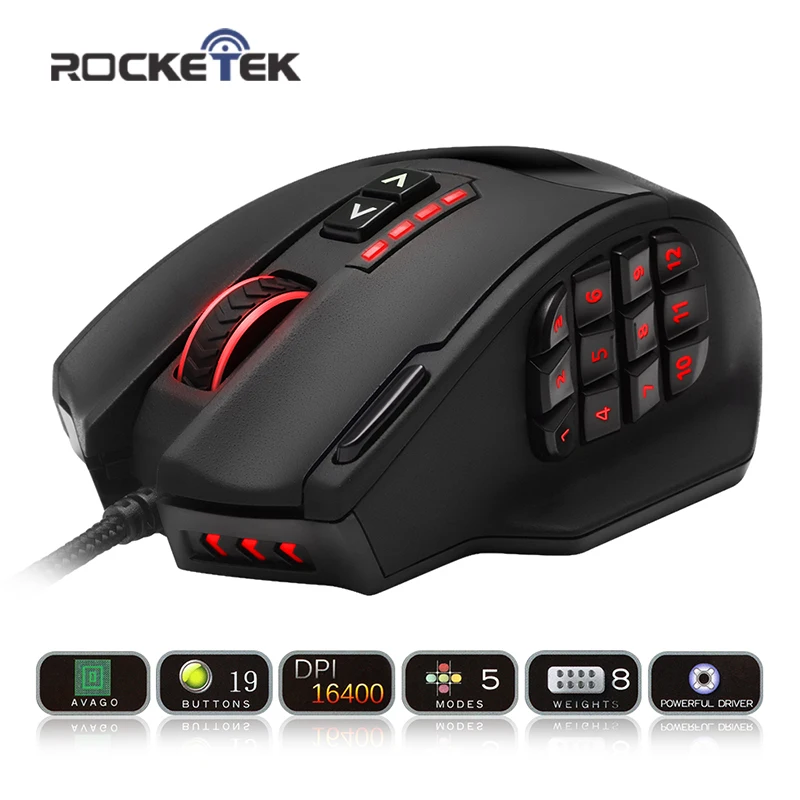 

ROCKETEK USB Gaming Mouse 16400DPI 19 Buttons Ergonomic Design For Desktop Computer Accessories Programmable Mouse Gamer LOL PC