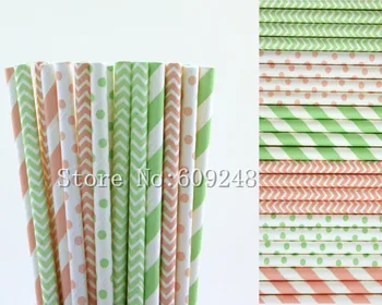 

150pcs Drinking Paper Straws Mix,Light Pink and Mint Striped,Swiss Dot and Chevron,Baby Bridal Shower,Wedding Party,Colored