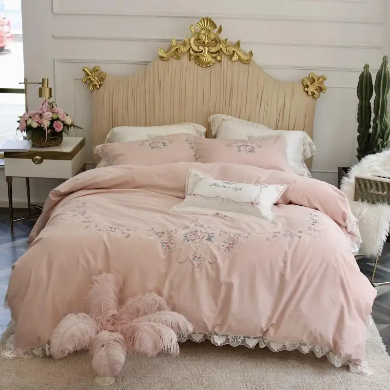 

Egyptian cotton Duvet Cover Bed sheet Set Embroidery 4pcs Queen/King Size Princess Lace Bedding Set ropa de cama/linge de lit