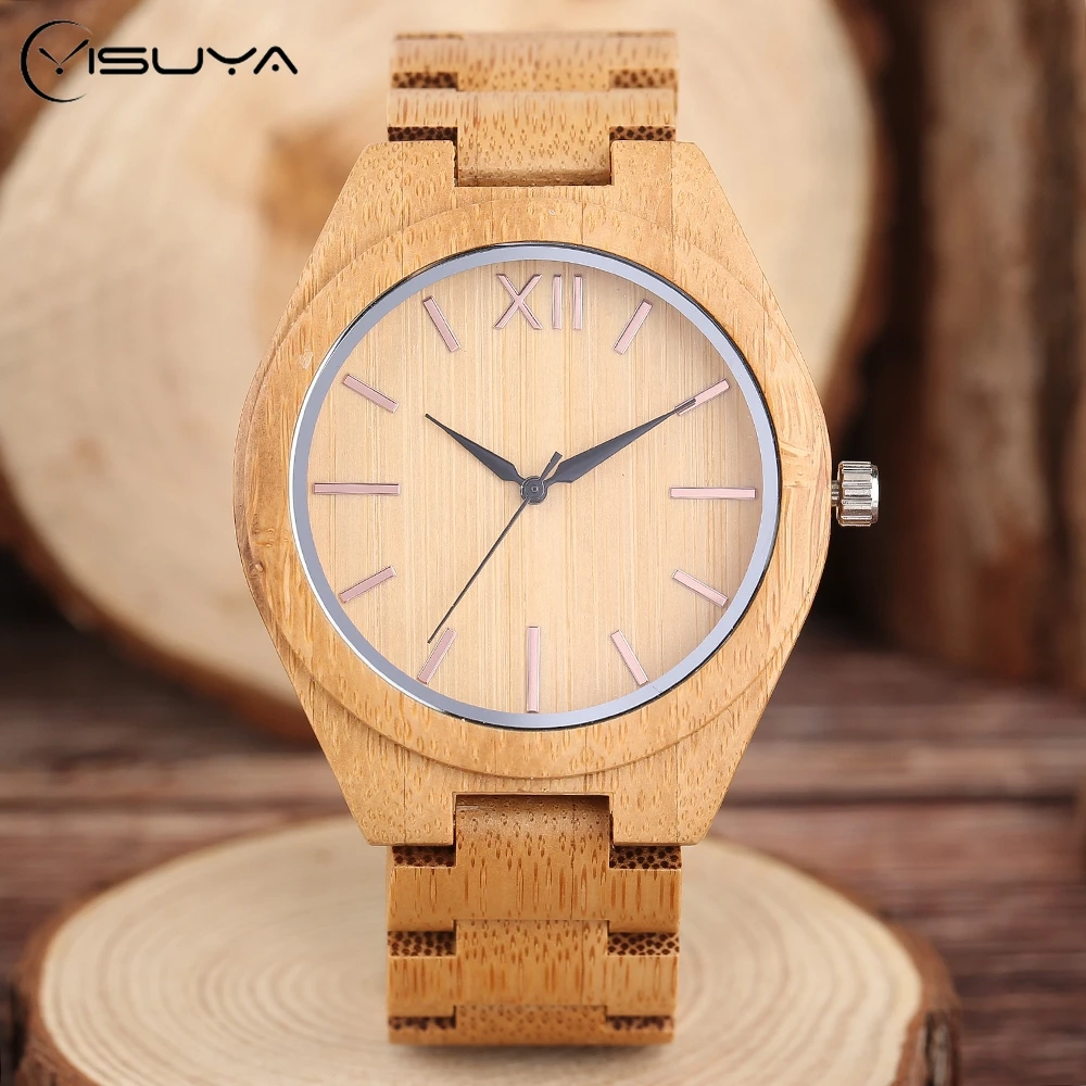 

Bamboo Wooden Wrist Watch Mens Nature Brown Wood Quartz Creative Watches Novel Sport Analog Fold Clasp Bangle Clock Gift