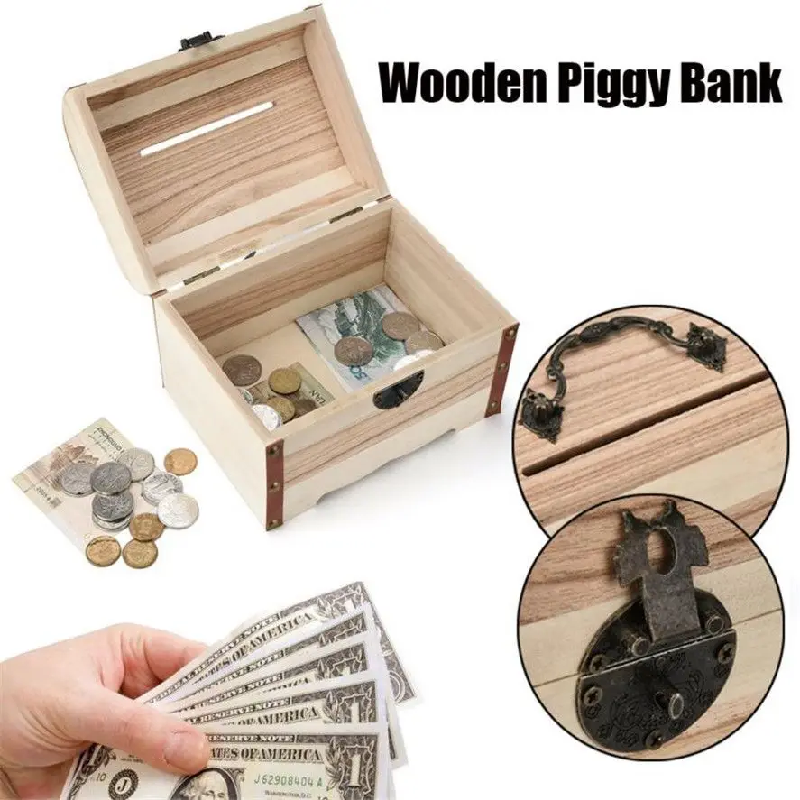 Birthday Gifts Christmas 1PC Wooden Piggy Bank Safe Money Box Savings With Lock Wood Carving Handmade Coin storage box
