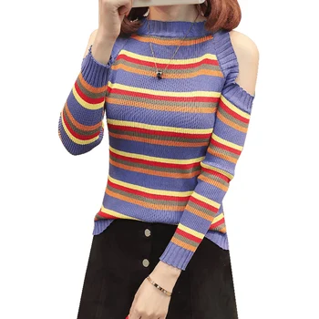 

Colorblock Striped Off-shoulder Pullover Sweaters 2018 New Fashion Korean Casual Sexy Jumper Women's Slim Slimming Sweatershirt