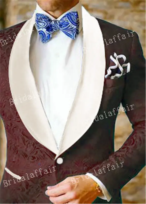 KUSON смокинг для жениха королевский синий жаккардовые блейзер мужской костюм комплект для свадьбы Вечерние Для мужчин костюмы 2 шт.(куртка+ цвета слоновой кости брюки - Цвет: Коричневый