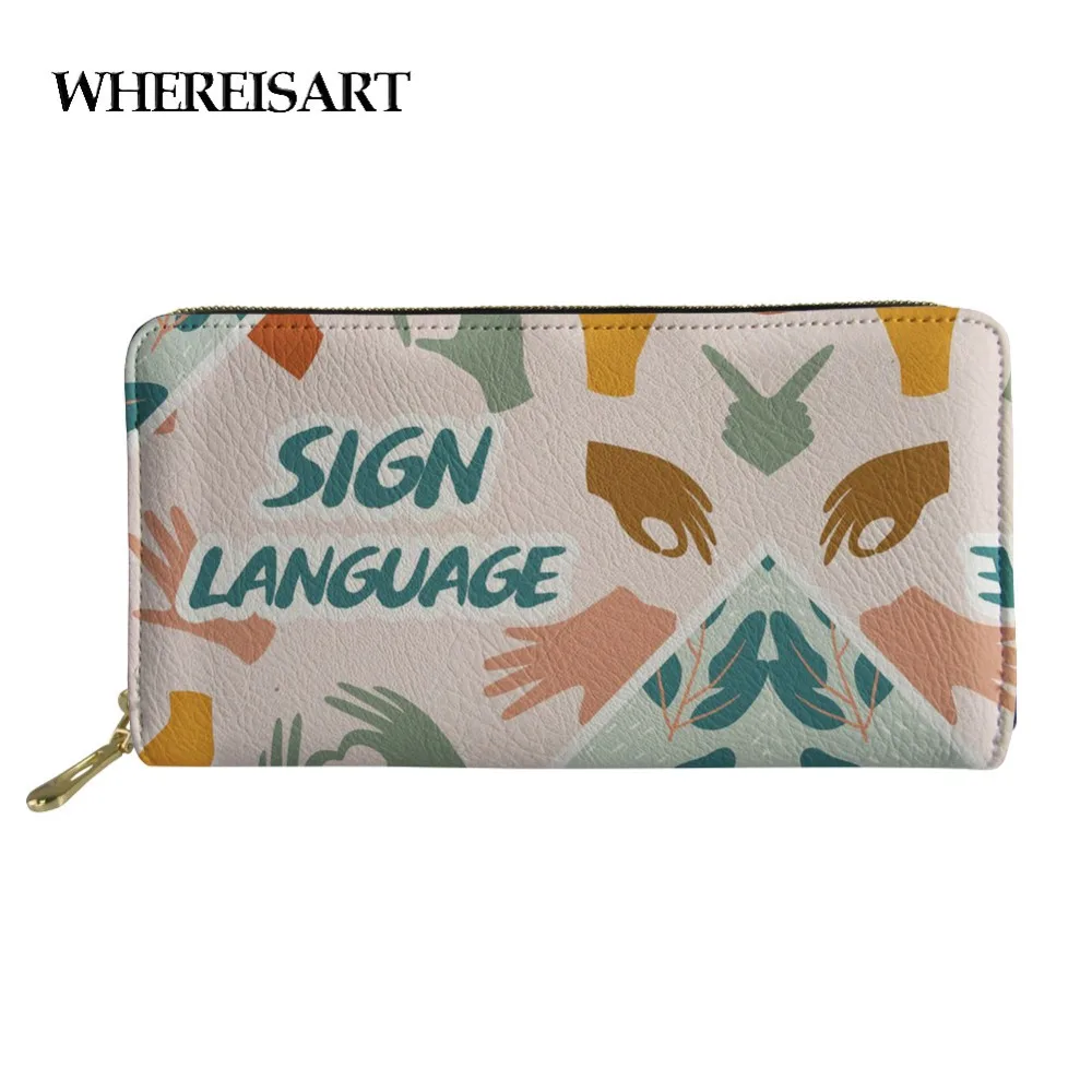 

WHEREISART Floral Sign Language Print Standard Wallets for Women Pochette Women's Money Bag Soft PU Leather Cute Purse Girl
