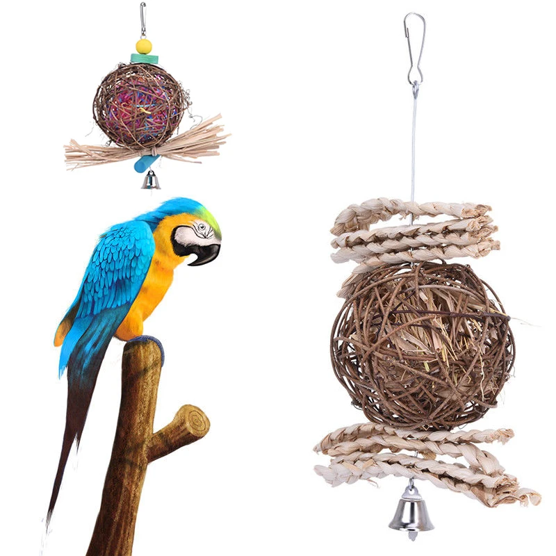 1pc Pet Bird Parrot Cage Hanging Wood Large Ball Bells For Birds Chew