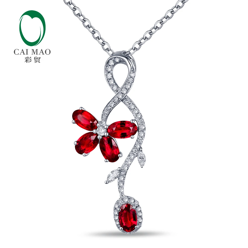 

CaiMao 14KT/585 White Gold 1.49ct Ruby 0.29ct Round Cut Diamond Engagement Gemstone Pendant Jewelry