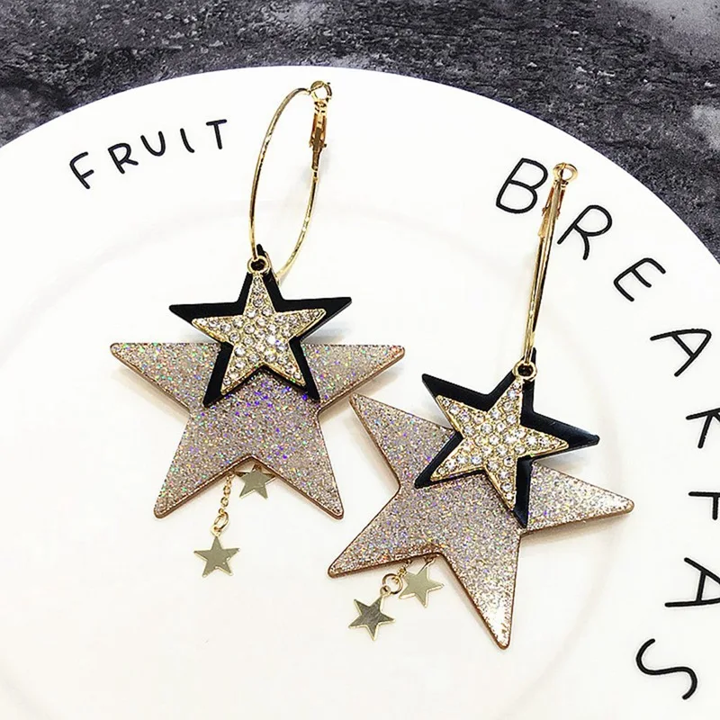 

New Multiple Design Exaggerated Women's Jewelry Flash Zircons Gold-Color Tassels Pentacle Star Hoop Earrings