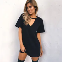 Mujeres camiseta vestido 2019 gargantilla cuello en V Vestidos de verano de manga corta Casual Sexy Halter suelto Boho playa vestido Vestidos Plus tamaño(China)