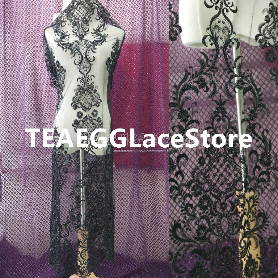 

Off white/black Embroidery mesh tulLe lace fabric large pattern handmade beads african lace fabrics for wedding party dress lace