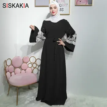 

Siskakia Elegant Muslim Long Dress Fashion Lace Patchwork Beads Flare Sleeve Abaya Dresses Swing Burgundy Women's Dresses Fall