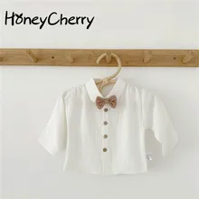 Рубашки для маленьких мальчиков платье для малышей в Корейском стиле рубашка с маленьким бантом для мальчиков и девочек весенне-летняя одежда для малышей хлопковая рубашка
