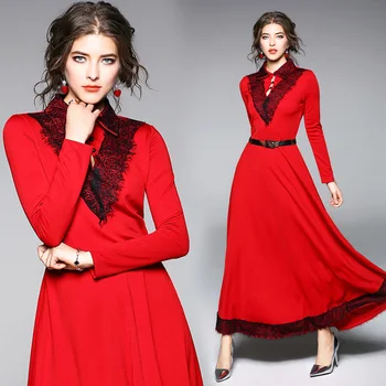 

european fashion design women new collect waist long sleeve red party dress lady vestidos design clothes outfit size S-XXL