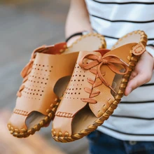 Летние туфли-лодочки из натуральной коровьей кожи для прогулок, мужская обувь, сандали ручной работы в классическом стиле для мужчин мягкая прогулочная обувь пляжные сандалии; сандалии без задника с открытыми пальцами