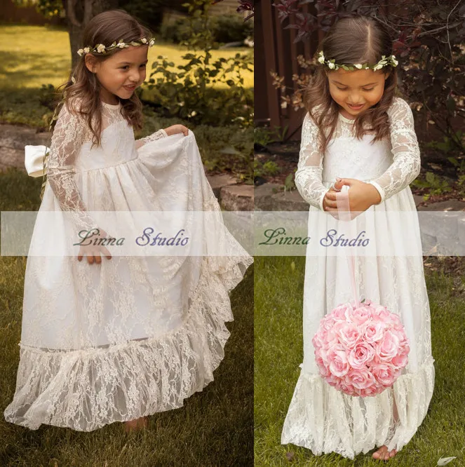 2017 Lace Long Sleeve Flower Dress Bow Sash Wedding Children 2017 Lace Long Sleeve Flower Dress Bow Sash Wedding Children Junior Bridesmaid Dresses Kids Vestido In From Mother On