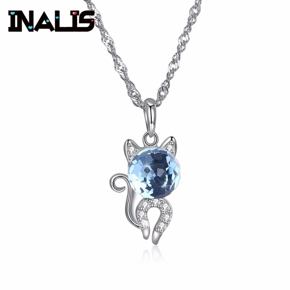 

INALIS Sweet Lovely Animal Ncklace 925 Sterling Silver Micro Paved Clear CZ Stone with Blue Natural Austria Crystal Cat Pendant
