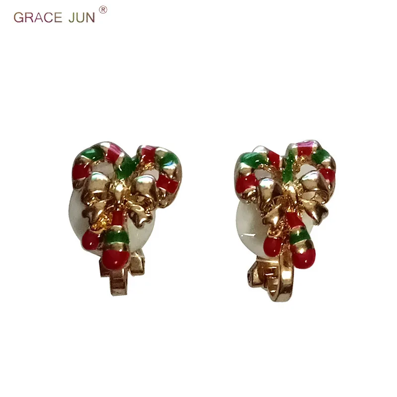 

GRACE JUN Hot Sale Christmas Bowknot Enamel Clip on Earrings for Girls Best Xmas Gift Fashion No Hole Earrings Factory Wholesale