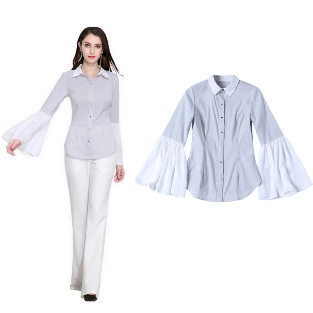 Для женщин Офисные женские туфли блузка плюс Размеры 4XL рюшами рубашка в полоску с длинными рукавами ПР дамы, корейской моды 2018 Camisa Feminin