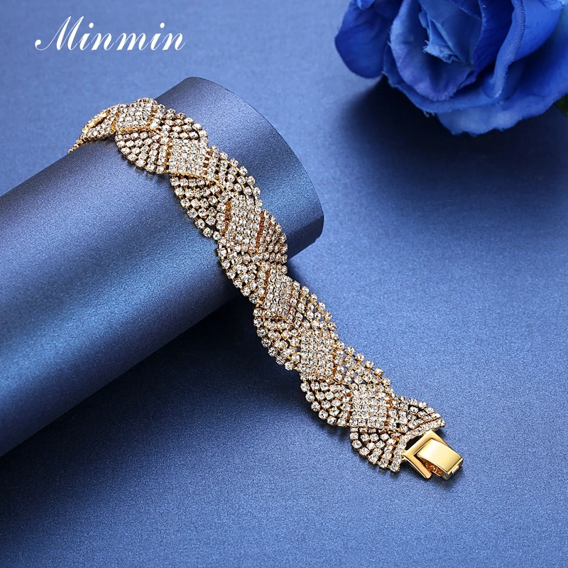 Minmin Gold/Silver Color Tassel Bracelets for Women Clear Crystal Wedding Bridal Jewelry African Beads Bangles Party Gift SL076