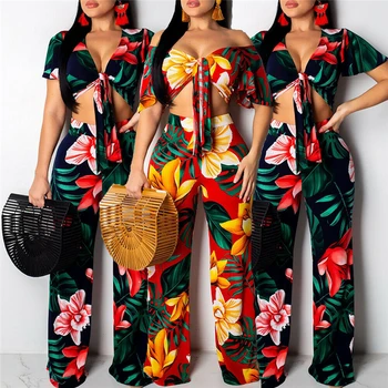 

2019 New Fashion Women Sexy 2PCS Floral Printed Crop Top +Wide Leg Trousers Sets Summer Boho Lace-up V-Neck Set
