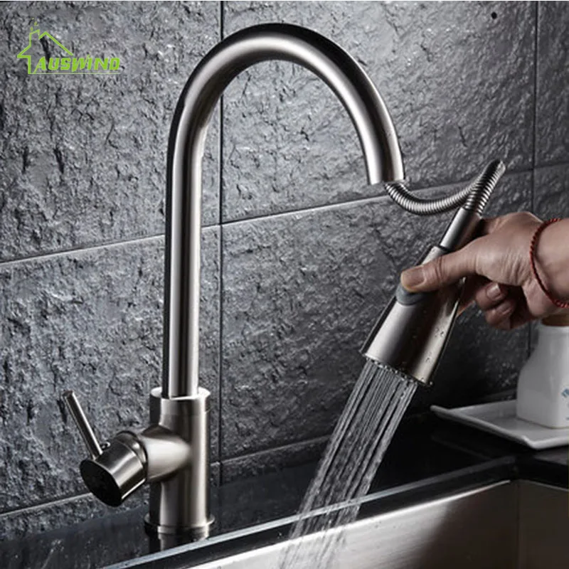 

Universal Brass Kitchen Faucet Polished Silver Basin Faucets Single Handle Hole Mixer Water Taps Double Control Pull Out Spray