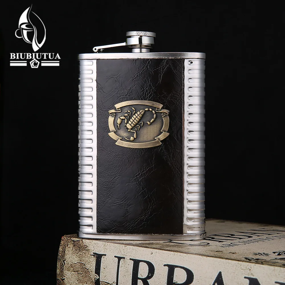 BIUBIUTUA 9oz Leather Whisky Alcohol Flask Quality BBQ/Picnic Scorpion