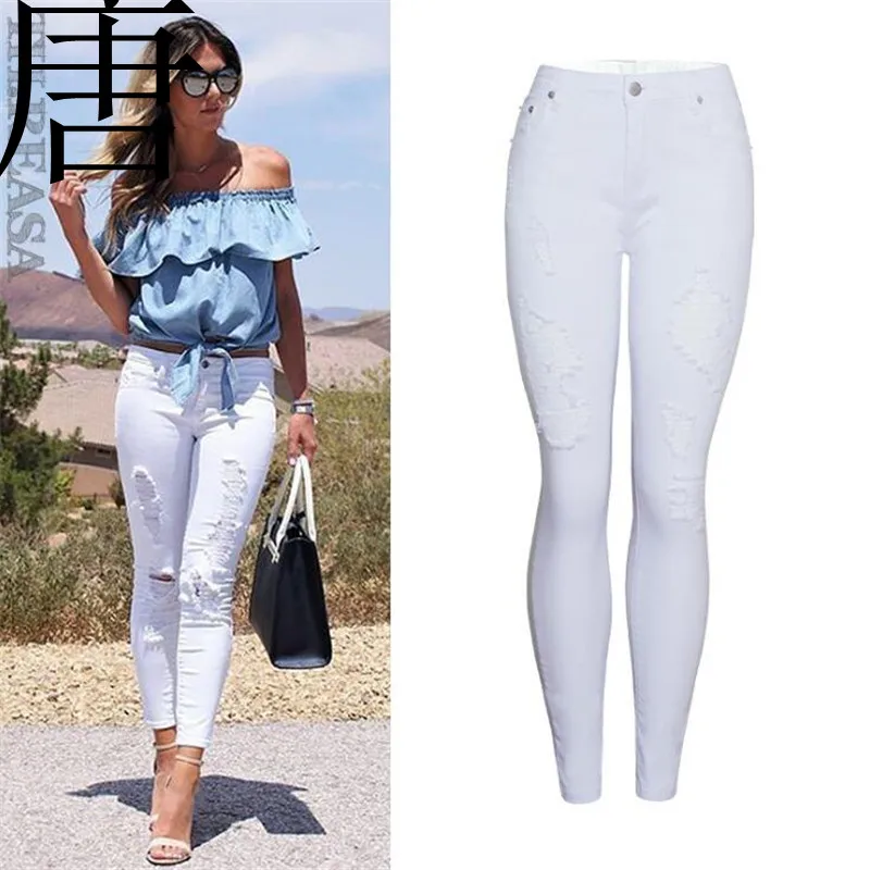 Тан Прохладный 2019 новый бренд женские проблемные пышные Белый Mid Высокая талия стрейч джинсовые брюки, рваные обтягивающие джинсы для