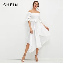 Шеин элегантный белый лазерный разрез рукав Hanky Hem с открытыми плечами платье для женщин Сплошной поясом Fit and расклешенный летние вечерние миди платья